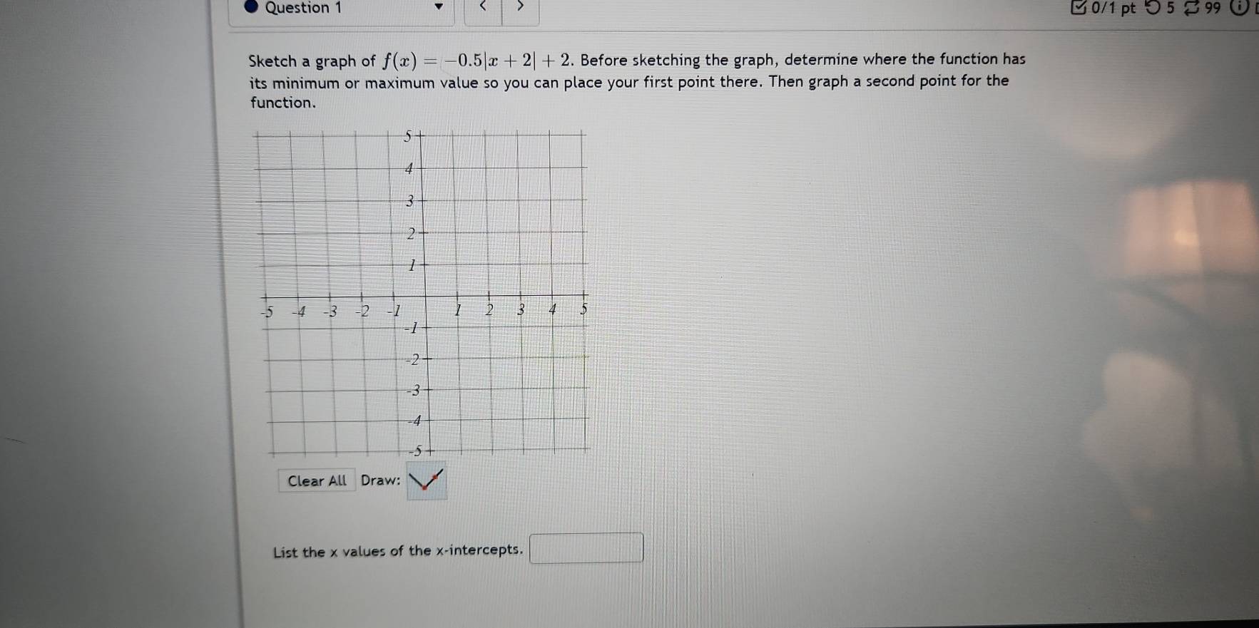 < 
Question 1 > □ 0/1 pt つ 5 % 99 ⓘ 
Sketch a graph of f(x)=-0.5|x+2|+2 3. Before sketching the graph, determine where the function has 
its minimum or maximum value so you can place your first point there. Then graph a second point for the 
function. 
Clear All Draw: 
List the x values of the x-intercepts. □