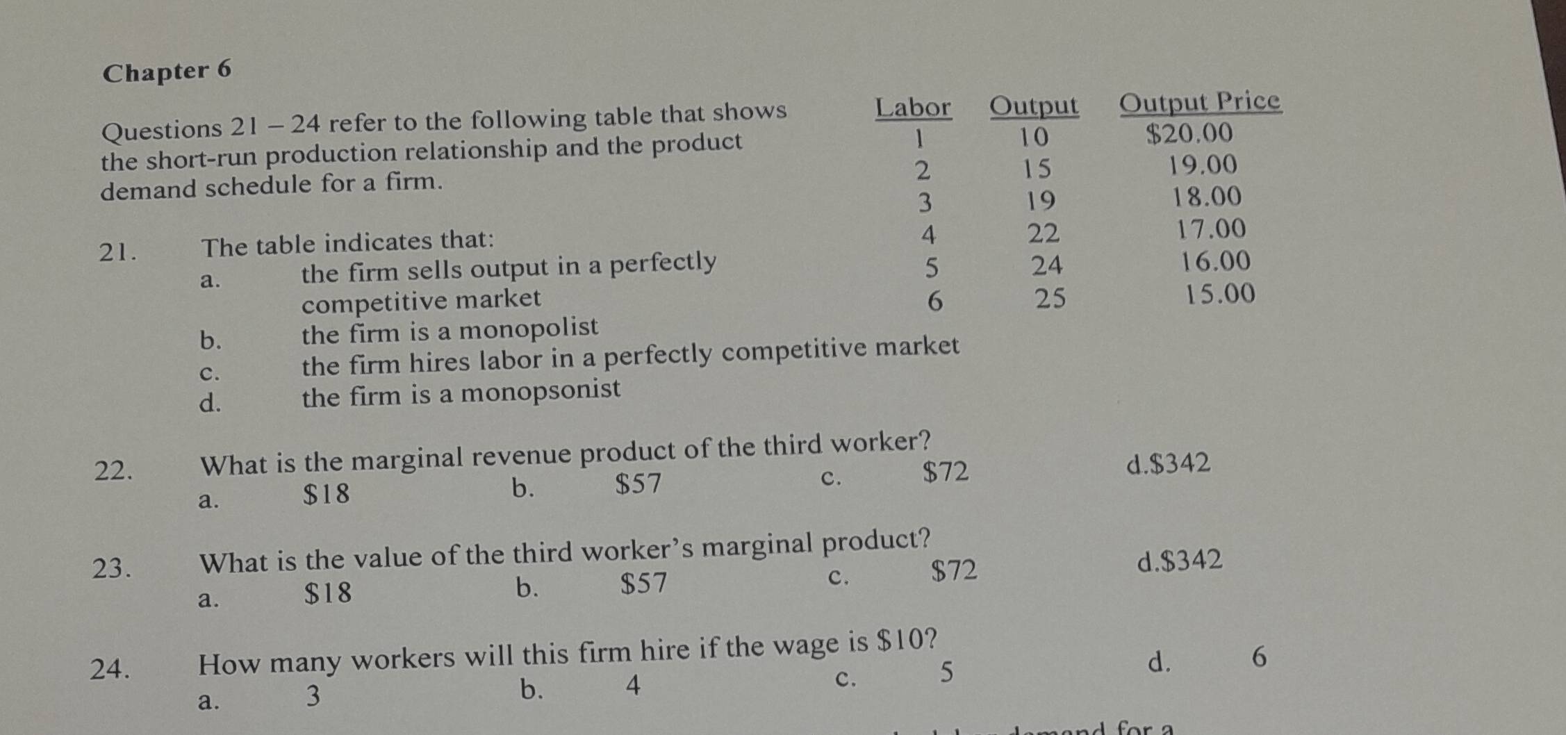 Chapter 6
Labor Output
Questions 21 - 24 refer to the following table that shows Output Price
the short-run production relationship and the product 1 10
$20.00
demand schedule for a firm.
2
15 19.00
3 18.00
19
4
22
21. The table indicates that: 17.00
a. the firm sells output in a perfectly 5 24 16.00
competitive market 6 25
15.00
b. the firm is a monopolist
c. the firm hires labor in a perfectly competitive market
d. the firm is a monopsonist
22. What is the marginal revenue product of the third worker?
a. $18
b. $57 c. $72
d. $342
23. What is the value of the third worker’s marginal product?
a. $18 $57 c. $72
d. $342
b.
24. How many workers will this firm hire if the wage is $10?
c. 5
d. 6
a. 3
b. 4