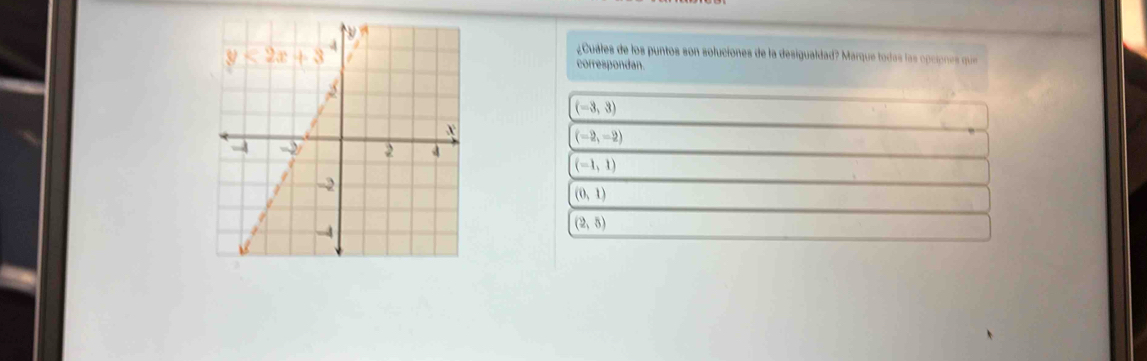 ¿Cuáles de los puntos son soluciones de la desigualdad? Marque todas las opciones que
correspondan.
(-3,3)
(-2,-2)
(-1,1)
(0,1)
(2,5)