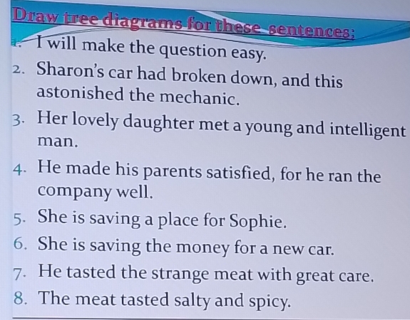 Draw tree diagrams for these-sentences; 
. I will make the question easy. 
2. Sharon’s car had broken down, and this 
astonished the mechanic. 
3. Her lovely daughter met a young and intelligent 
man. 
4. He made his parents satisfied, for he ran the 
company well. 
5. She is saving a place for Sophie. 
6. She is saving the money for a new car. 
7. He tasted the strange meat with great care. 
8. The meat tasted salty and spicy.