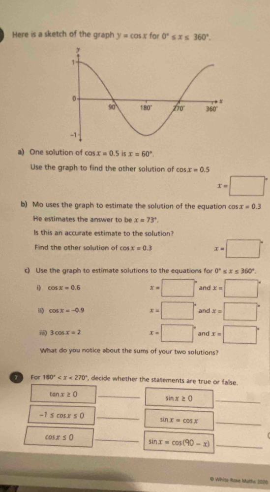 Here is a sketch of the graph y=cos x for 0°≤ x≤ 360°.
a) One solution of cos x=0.5 is x=60°.
Use the graph to find the other solution of cos x=0.5
x=□°
b) Mo uses the graph to estimate the solution of the equation cos x=0.3
He estimates the answer to be x=73°.
Is this an accurate estimate to the solution?
Find the other solution of cos x=0.3 x=□°
c) Use the graph to estimate solutions to the equations for 0°≤ x≤ 360°.
i) cos x=0.6 x=□° and x=□°
x=□°
ii) cos x=-0.9 and x=□°
x=□°
iii) 3cos x=2 and x=□°
What do you notice about the sums of your two solutions?
7 For 180° , decide whether the statements are true or false.
tan x≥ 0 _
_ sin x≥ 0
-1≤ cos x≤ 0 _
sin x=cos x _
_ cos x≤ 0
_ sin x=cos (90-x)
* White Rose Matha 2010