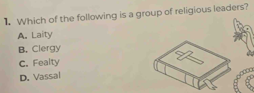 Which of the following is a group of religious leaders?
A. Laity
B. Clergy
C. Fealty
D. Vassal
