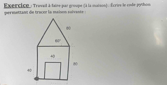 Exercice : Travail à faire par groupe (à la maison) : Écrire le code python
permettant de tracer la maison suivante :