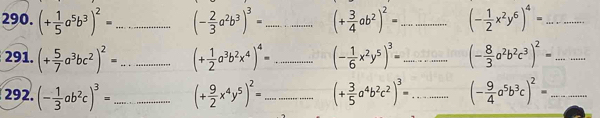 (+ 1/5 a^5b^3)^2= _ (- 2/3 a^2b^3)^3= _ (+ 3/4 ab^2)^2= _ (- 1/2 x^2y^6)^4= _ 
291. (+ 5/7 a^3bc^2)^2= _ (+ 1/2 a^3b^2x^4)^4= _ (- 1/6 x^2y^5)^3= _ (- 8/3 a^2b^2c^3)^2= _ 
292. (- 1/3 ab^2c)^3= _ (+ 9/2 x^4y^5)^2= _ (+ 3/5 a^4b^2c^2)^3= _ (- 9/4 a^5b^3c)^2= _