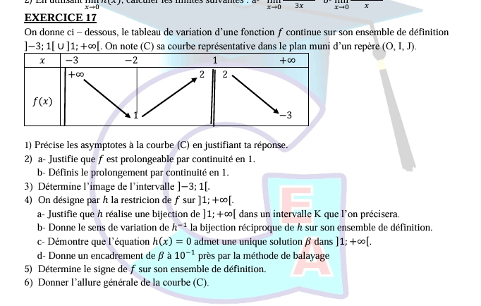 En utsan limlimits _xto 0n(x) , ca ncuer les mes suvanes  . beginarrayr  xto 0endarray 3x xto 0 x
EXERCICE 17
On donne ci - dessous, le tableau de variation d’une fonction f continue sur son ensemble de définition
]-3;1[∪ ]1;+∈fty [. On note (C) sa courbe représentative dans le plan muni d'un repère (O,I,J).
1) Précise les asymptotes à la courbe (C) en justifiant ta réponse.
2) a- Justifie que f est prolongeable par continuité en 1.
b- Définis le prolongement par continuité en 1.
3) Détermine l'image de l'intervalle ]-3;1[.
4) On désigne par h la restricion de f sur ]1;+∈fty [.
a- Justifie que h réalise une bijection de ]1;+∈fty [ dans un intervalle K que l'on précisera.
b- Donne le sens de variation de h^(-1) la bijection réciproque de h sur son ensemble de définition.
c- Démontre que l'équation h(x)=0 admet une unique solution β dans ]1;+∈fty [.
d- Donne un encadrement de β à 10^(-1) près par la méthode de balayage
5) Détermine le signe de f sur son ensemble de définition.
6) Donner l’allure générale de la courbe (C).