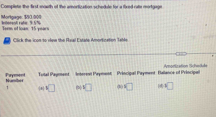 Complete the first month of the amortization schedule for a fixed-rate mortgage
Mortgage: $93,000
Interest rate: 9.5%
Term of loan: 15 years
Click the icon to view the Real Estate Amortization Table.
Amortization Schedule
Payment Total Payment Interest Payment Principal Payment Balance of Principal
Number
1 (a) $□ (b) $□ (b) $□ (d) $□