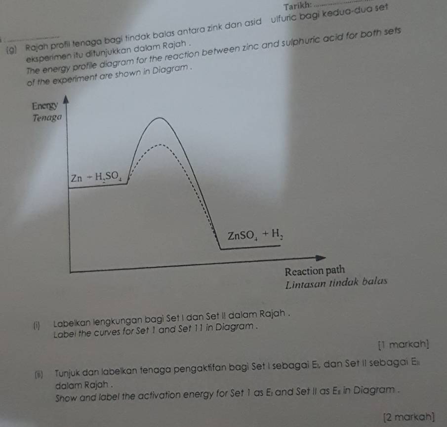 Tarikh:_ 
(g) Rajah profil tenaga bagi tindak balas antara zink dan asid ulfuric bagi kedua-dua set 
eksperimen itu ditunjukkan dalam Rajah . The energy profile diagram for the reaction between zinc and sulphuric acid for both sets 
of the experiment are shown in Diagram . 
Energy 
Tenaga
Zn+H_2SO_4
ZnSO_4+H_2
Reaction path 
Lintasan tindak balas 
(i) Labelkan lengkungan bagi Set I dan Set II dalam Rajah . 
Labei the curves for Set 1 and Set 11 in Diagram . 
[1 markah] 
(ii) Tunjuk dan labelkan tenaga pengaktifan bagi Set I sebagai E, dan Set II sebagai E 
dalam Rajah . 
Show and label the activation energy for Set 1 as E and Set II as El in Diagram . 
[2 markah]