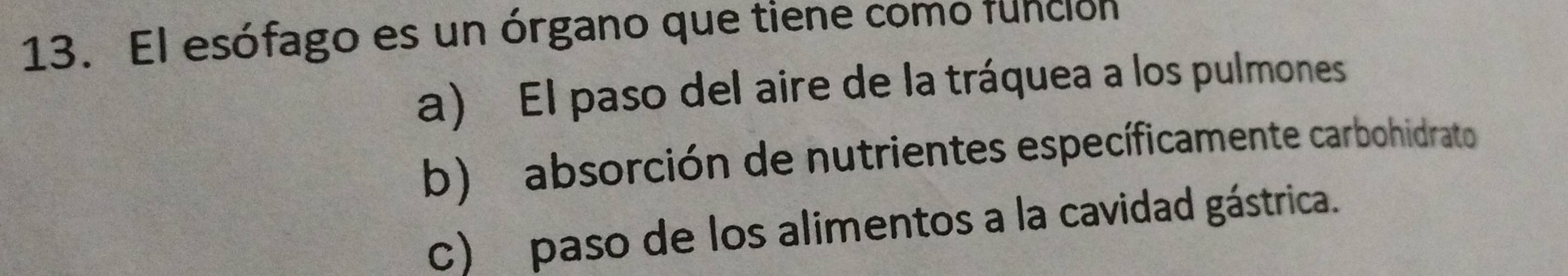 El esófago es un órgano que tiene como función
a) El paso del aire de la tráquea a los pulmones
b) absorción de nutrientes específicamente carbohidrato
c) paso de los alimentos a la cavidad gástrica.