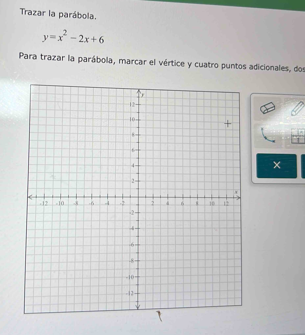 Trazar la parábola.
y=x^2-2x+6
Para trazar la parábola, marcar el vértice y cuatro puntos adicionales, dos 
□° _ ?