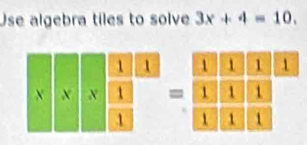 Use algebra tiles to solve 3x+4=10. 

=