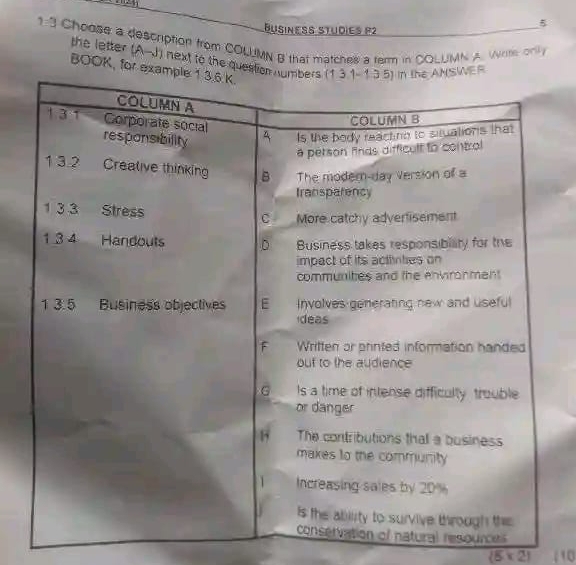 BUSINESS STUDIES P2
1:3 Choose a description from COLUMN B that matches a term in COLUMN A. Wrre on 
the letter (A-J) next to the questP
BOOK, for exa
ou
 5* 2 110