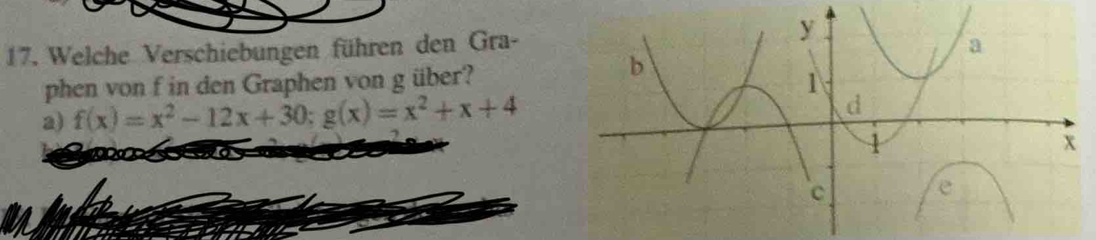 Welche Verschiebungen führen den Gra- 
phen von f in den Graphen von g über? 
a) f(x)=x^2-12x+30; g(x)=x^2+x+4