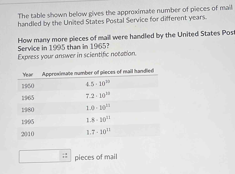 The table shown below gives the approximate number of pieces of mail
handled by the United States Postal Service for different years.
How many more pieces of mail were handled by the United States Post
Service in 1995 than in 1965?
Express your answer in scientific notation.
pieces of mail