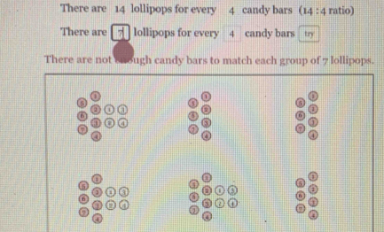 There are 14 lollipops for every 4 candy bars (14:4 ratio) 
There are lollipops for every 4 candy bars try 
There are not snough candy bars to match each group of 7 lollipops. 
a 
a 
a
4
J