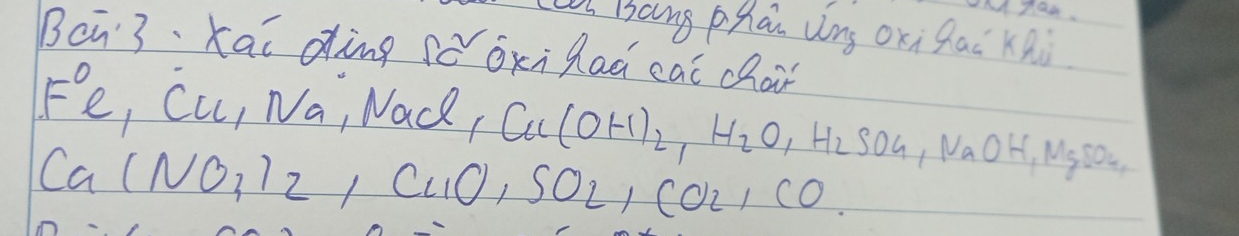 Bang phan Wng oxi gai Kni
Bcn3 、Kai ding cǒ óxi gad cai chaǐ
F°e , Cu, Na, Nack, Cu(OH)_2, H_2O, H_2SO_4, NaOH, MgSO_4,
Ca(NO_3)_2, Cl_1O, SO_2, CO_2, CO_2