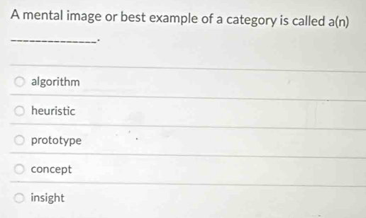 A mental image or best example of a category is called a(n)
_
.
algorithm
heuristic
prototype
concept
insight