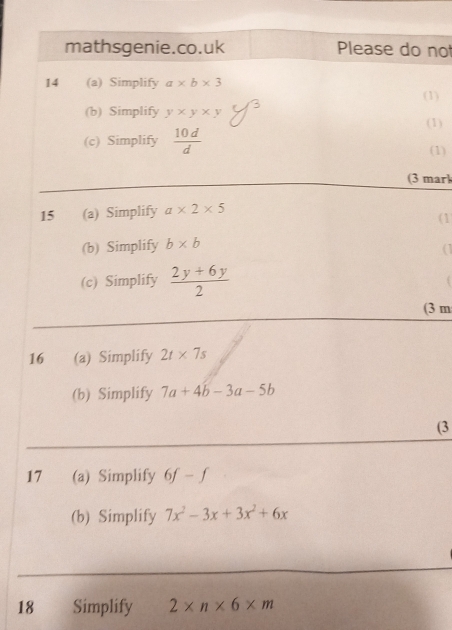 not
(1)
(1)
(1)
mark
(1
a
(3 m
1
(3
1
18 Simplify 2* n* 6* m