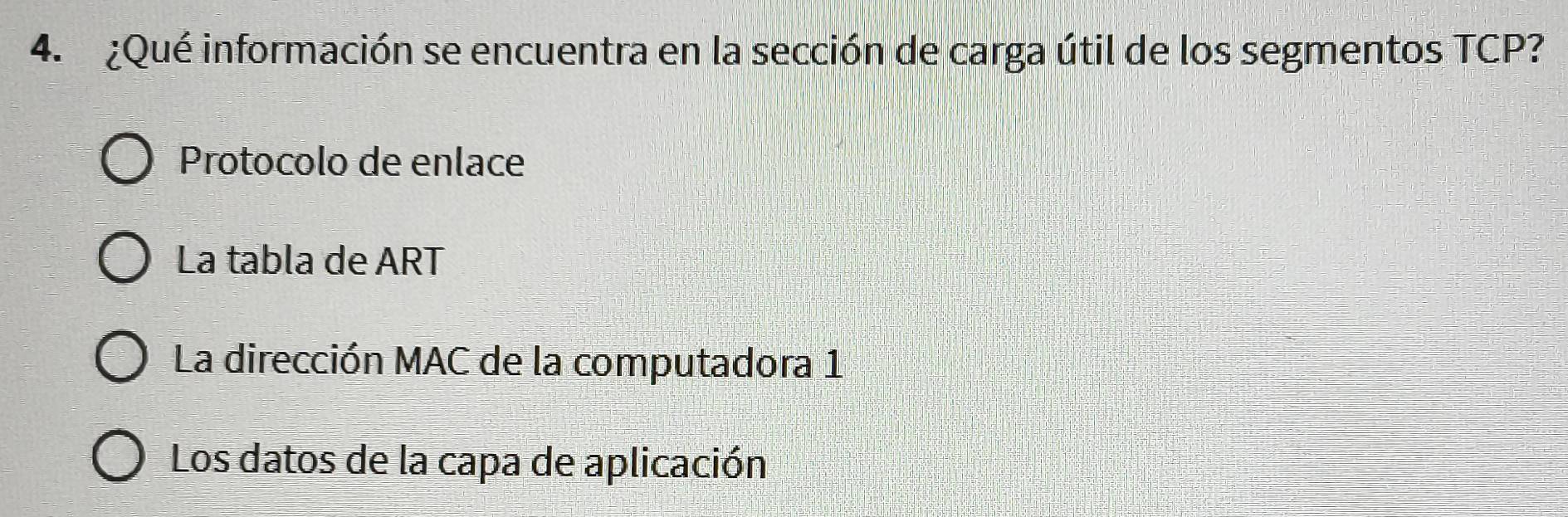 ¿Qué información se encuentra en la sección de carga útil de los segmentos TCP?
Protocolo de enlace
La tabla de ART
La dirección MAC de la computadora 1
Los datos de la capa de aplicación