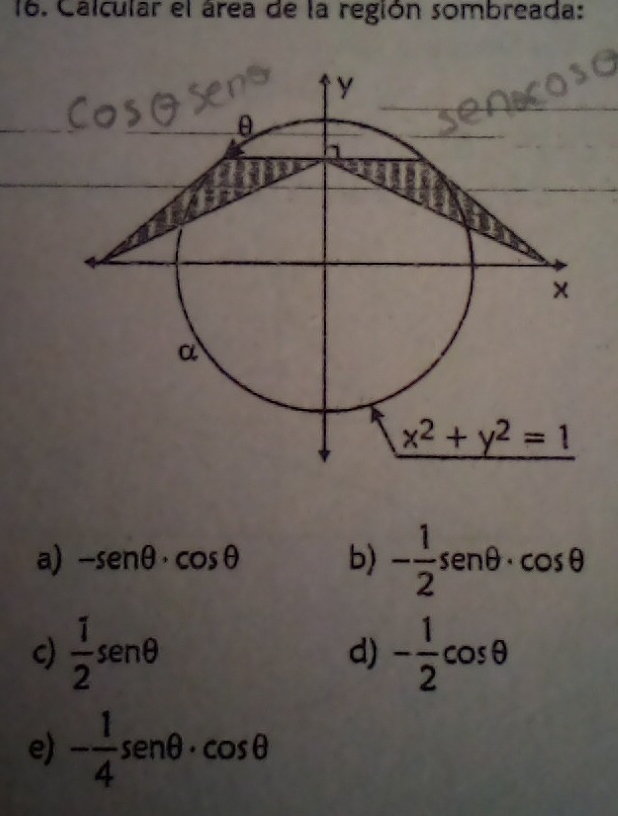 Calcular el área de la región sombreada:
a) -senθ · cos θ b) - 1/2 sen θ · cos θ
c)  1/2 sen θ d) - 1/2 cos θ
e) - 1/4 sen θ · cos θ