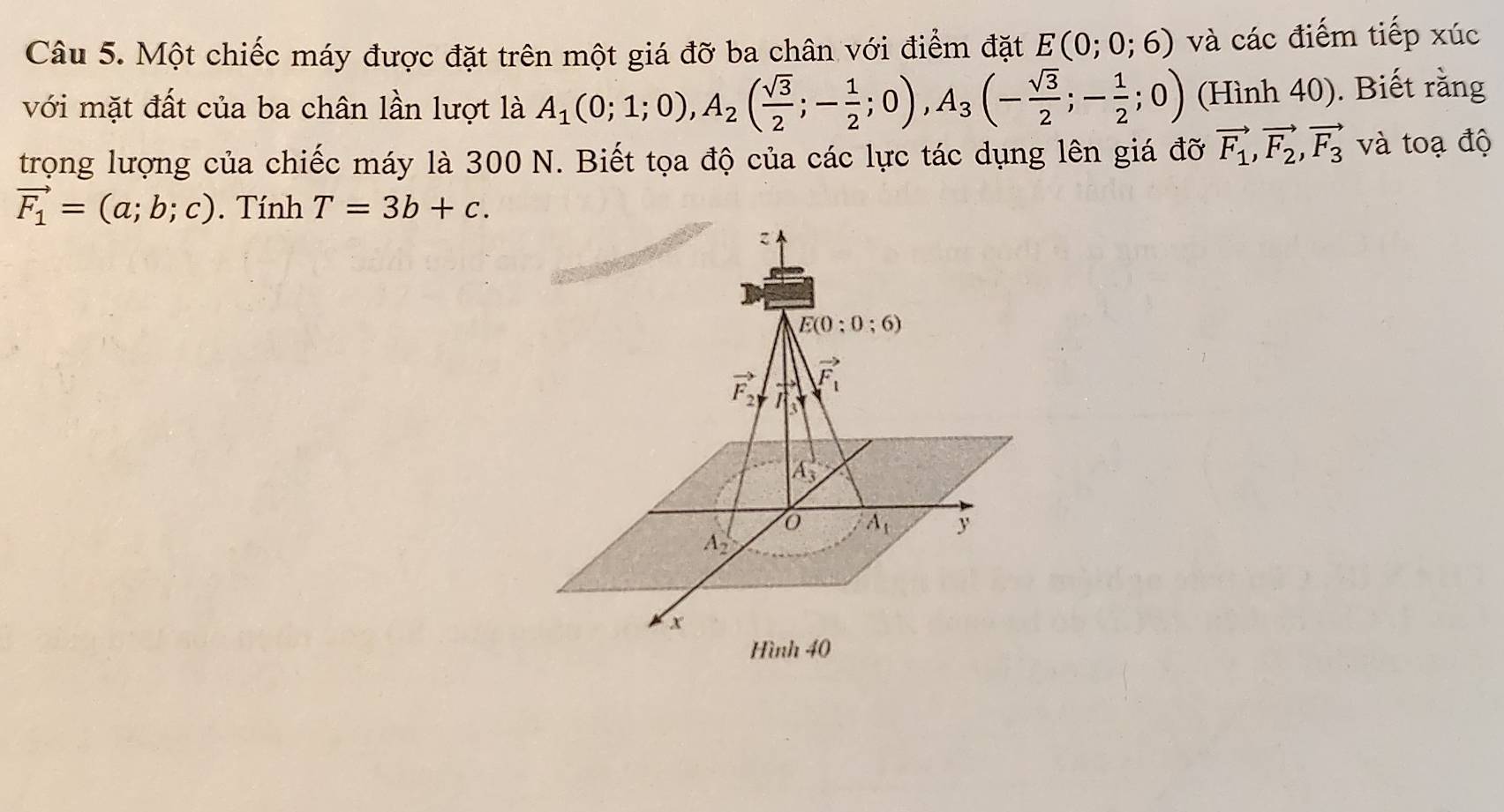 Một chiếc máy được đặt trên một giá đỡ ba chân với điểm đặt E(0;0;6) và các điểm tiếp xúc 
với mặt đất của ba chân lần lượt là A_1(0;1;0), A_2( sqrt(3)/2 ;- 1/2 ;0), A_3(- sqrt(3)/2 ;- 1/2 ;0) (Hình 40). Biết rằng 
trọng lượng của chiếc máy là 300 N. Biết tọa độ của các lực tác dụng lên giá đỡ vector F_1, vector F_2, vector F_3 và toạ độ
vector F_1=(a;b;c). Tính T=3b+c.
z
E(0:0:6)
vector F_2 -F vector F_1
A_3
A_1 y
A_2
x
Hình 40