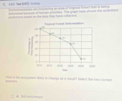 Test (CST): Ecology
Environmentalists are monitoring an area of tropical forest that is being
deforested because of human activities. The graph here shows the scientists'
predictions based on the data they have collected.
Tropical Forest Deforestation
100 100
80
60
70
8
53
40
20
10
2010 2015 2020 2025 2030 2035
Year
How is the ecosystem likely to change as a result? Select the two correct
answers.
A. Soil enrichment