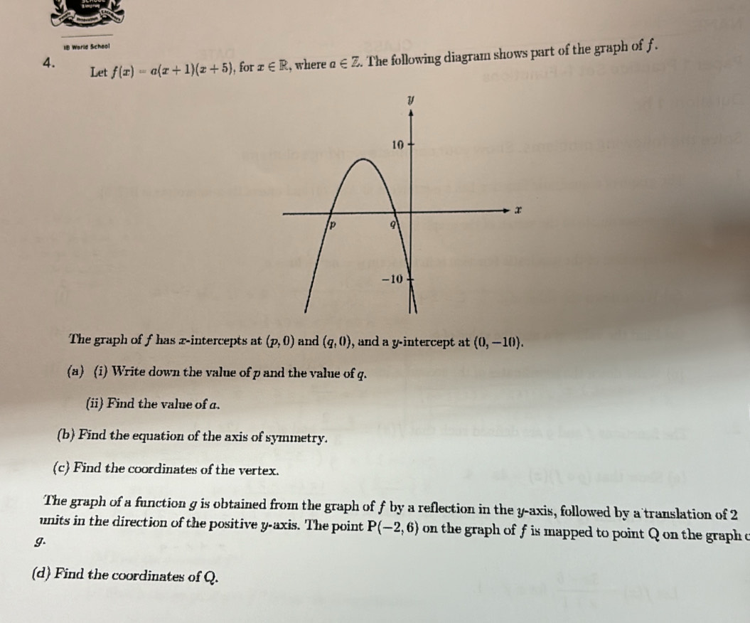 Solved: 1IB Warld School 4. Let f(x)=a(x+1)(x+5) , for x∈ R , where a∈ ...