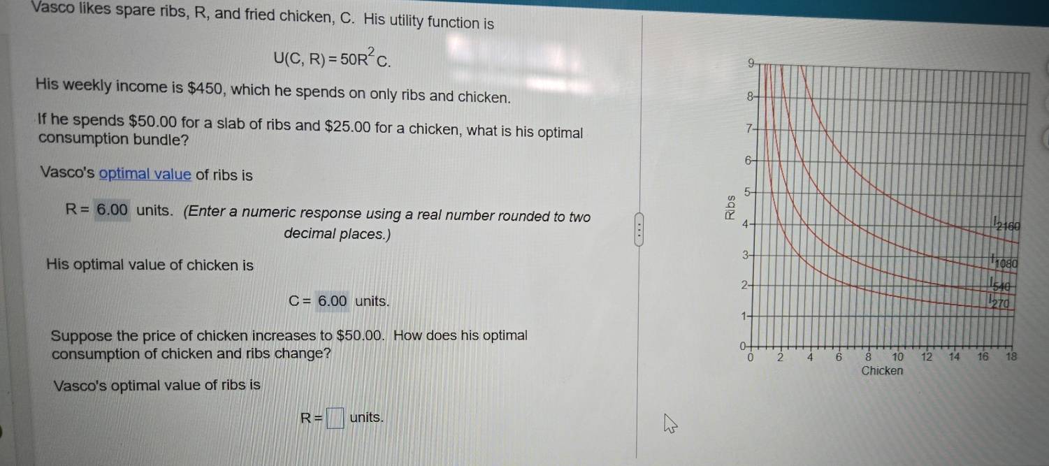 Vasco likes spare ribs, R, and fried chicken, C. His utility function is
U(C,R)=50R^2C. 
His weekly income is $450, which he spends on only ribs and chicken.
If he spends $50.00 for a slab of ribs and $25.00 for a chicken, what is his optimal
consumption bundle?
Vasco's optimal value of ribs is
R=6.00 units. (Enter a numeric response using a real number rounded to two
decimal places.)
His optimal value of chicken is
C=6.00 units.
Suppose the price of chicken increases to $50.00. How does his optimal
consumption of chicken and ribs change?
Vasco's optimal value of ribs is
R=□ units.