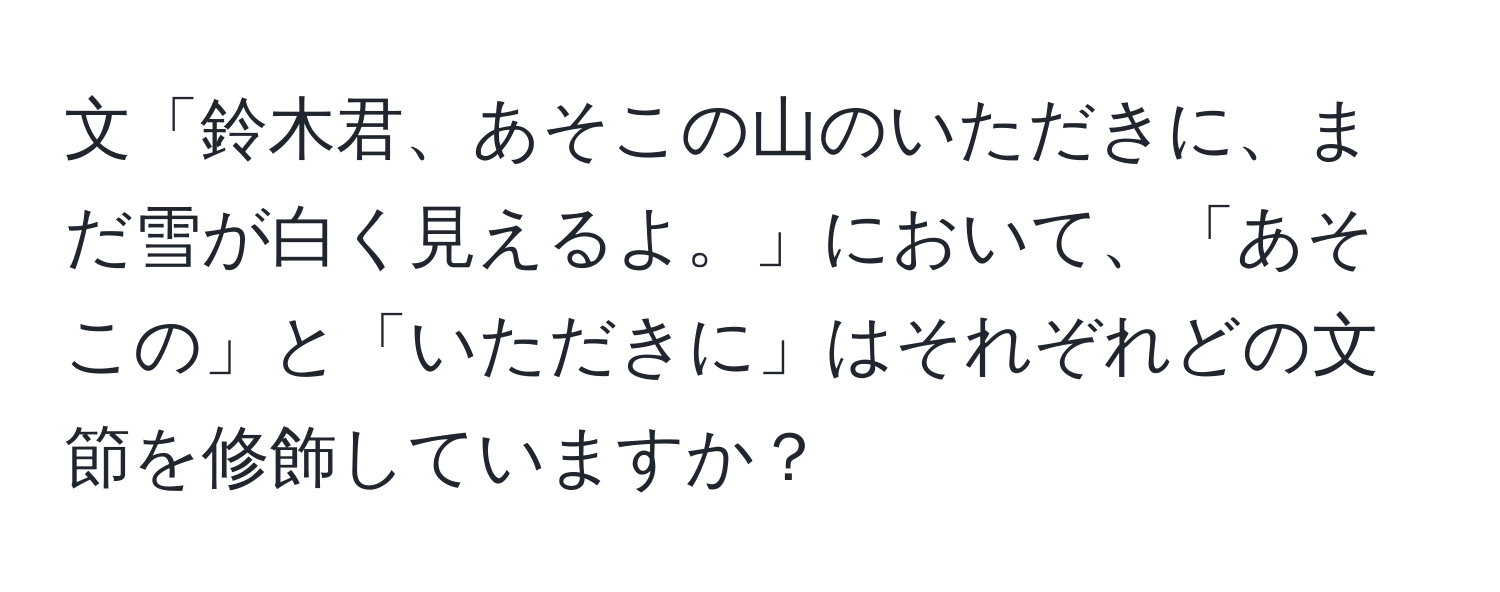 文「鈴木君、あそこの山のいただきに、まだ雪が白く見えるよ。」において、「あそこの」と「いただきに」はそれぞれどの文節を修飾していますか？