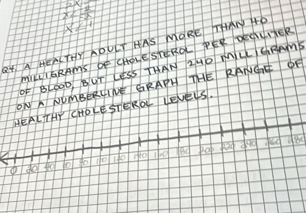 2* 1 
x
|x+11
R4. A HEALTHY ADULT HAS MORE THANO 
mIlLIGRAS OF CHOLE STEROL PER DECUITER 
OF BLOOD, BUT LESS THAN 2HO MNLL GIRANS 
ON A NUmBERLINE GRAPH THE RANGH OE 
HEALTHY CHOLESTEROL LEVELS. 
dud 8 ( 
do 40 10 go 110 10e 17t0 100