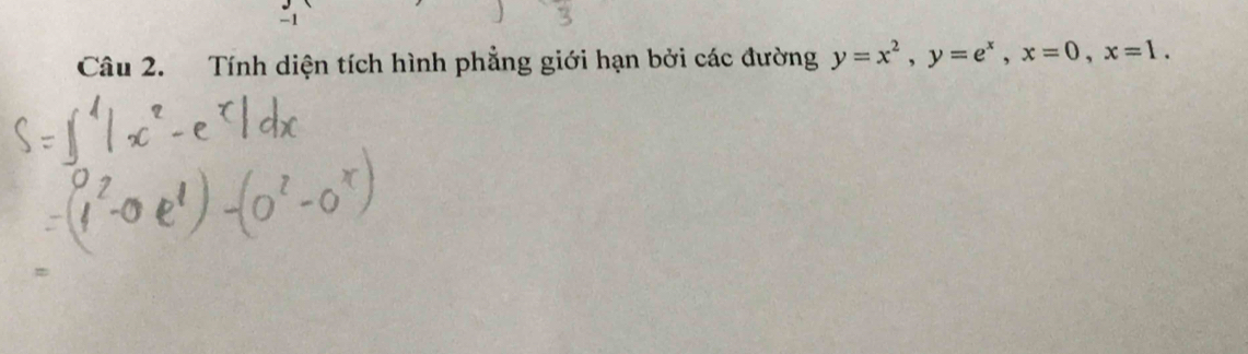 Tính diện tích hình phẳng giới hạn bởi các đường y=x^2, y=e^x, x=0, x=1.