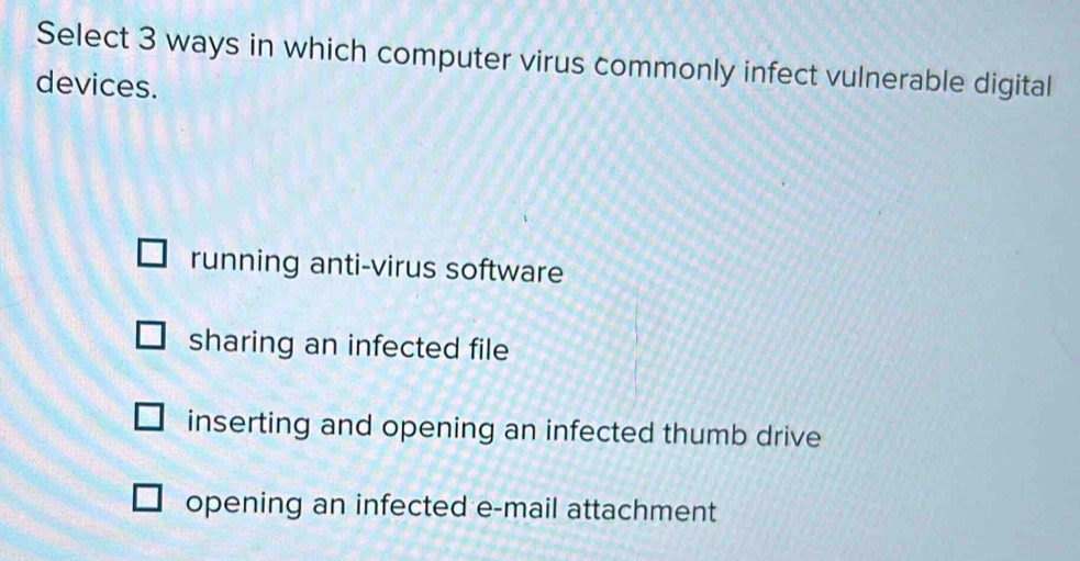 Solved: Select 3 ways in which computer virus commonly infect ...