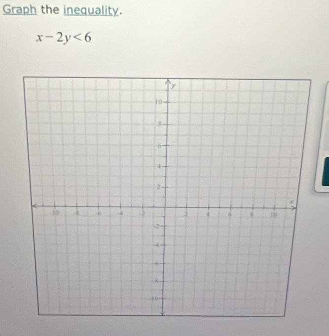 Graph the inequality.
x-2y<6</tex>