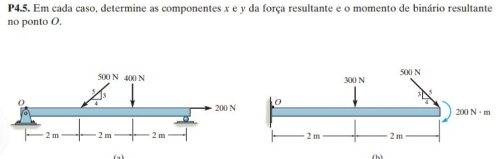 P4.5. Em cada caso, determine as componentes x e y da força resultante e o momento de binário resultante
no ponto O.
(a) (h)