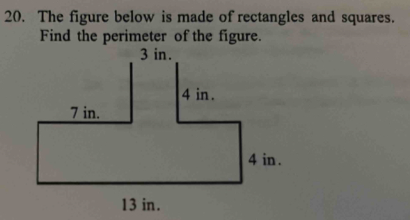 The figure below is made of rectangles and squares. 
Find the perimeter of the figure.