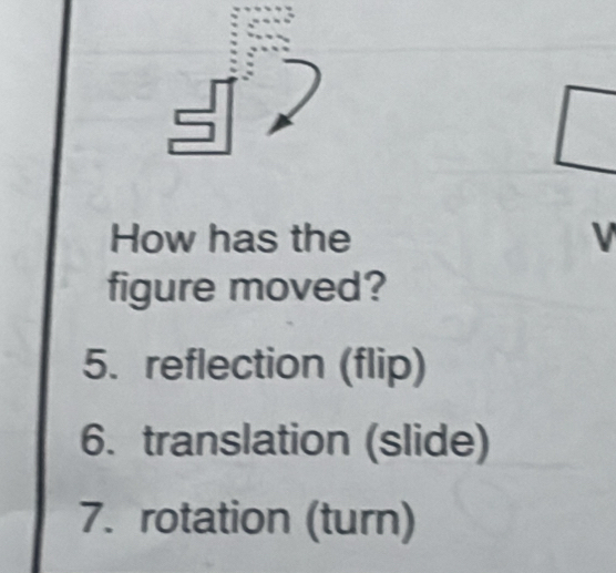 How has the V 
figure moved? 
5. reflection (flip) 
6. translation (slide) 
7. rotation (turn)