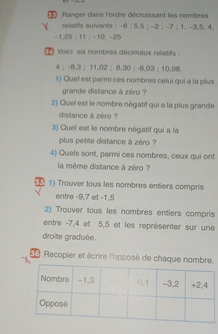 Ranger dans l'ordre décroissant les nombres 
relatifs suivants : -6; 5, 5; -2; -7; 1, -3, 5, 4,
-1, 25; 11; -10, -25
Voici six nombres décimaux relatifs :
4; -8, 3; 11, 02 ； 8, 30; -8,03; 10,98. 
1) Quel est parmi ces nombres celui qui a la plus 
grande distance à zéro ? 
2) Quel est le nombre négatif qui a la plus grande 
distance à zéro ? 
3) Quel est le nombre négatif qui a la 
plus petite distance à zéro ? 
4) Quels sont, parmi ces nombres, ceux qui ont 
la même distance à zéro ? 
5 1) Trouver tous les nombres entiers compris 
entre -9, 7 et -1,5
2) Trouver tous les nombres entiers compris 
entre -7, 4 et 5, 5 et les représenter sur une 
droite graduée. 
36 Recopier et écrire l'opposé de chaque nombre.