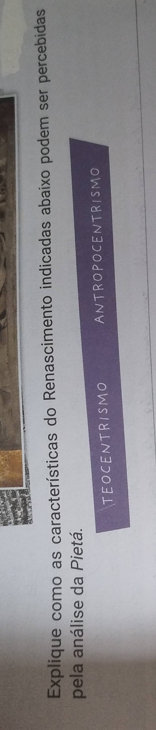 Explique como as características do Renascimento indicadas abaixo podem ser percebidas
pela análise da Pietá.
TEOCENTRISMO ANTROPOCENTRISMO