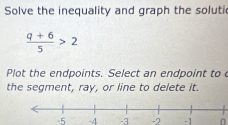 Solve the inequality and graph the solutic
 (q+6)/5 >2
Plot the endpoints. Select an endpoint to 
the segment, ray, or line to delete it.
-5 -4 -3 -2 -1 0