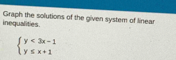 Graph the solutions of the given system of linear 
inequalities.
beginarrayl y<3x-1 y≤ x+1endarray.
