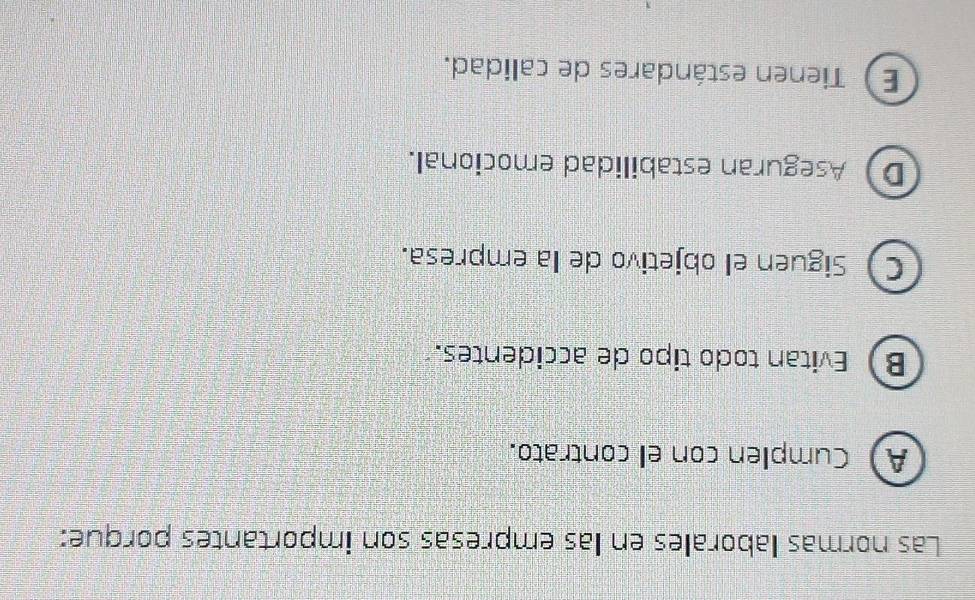 Las normas laborales en las empresas son importantes porque:
A) Cumplen con el contrato.
B Evitan todo tipo de accidentes.
CSiguen el objetivo de la empresa.
D Aseguran estabilidad emocional.
E) Tienen estándares de calidad.