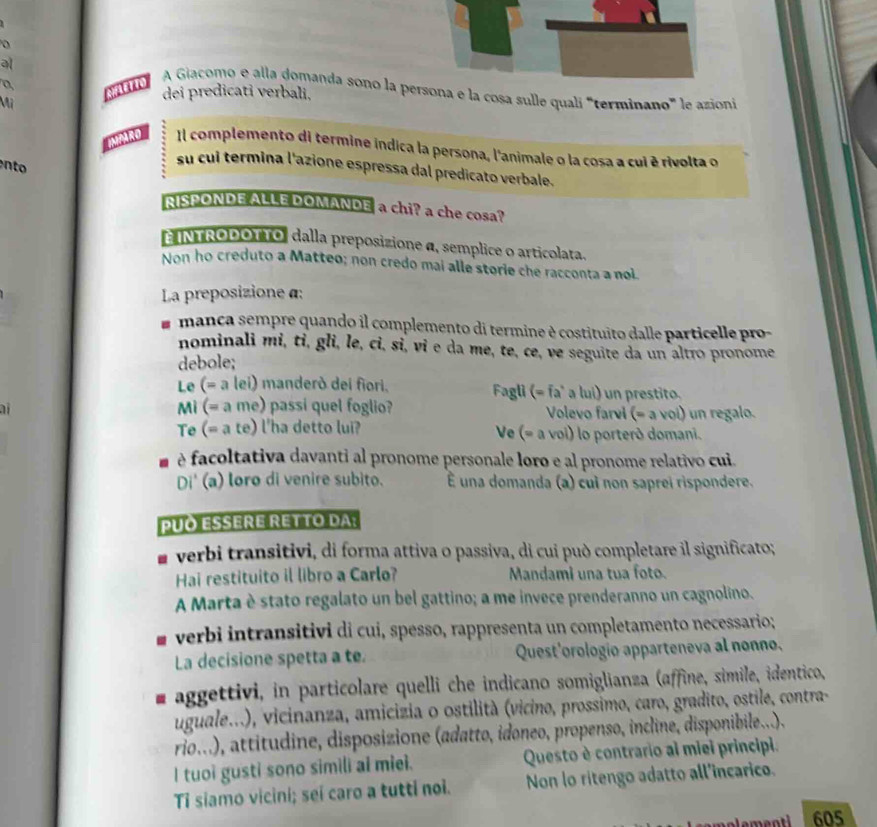 al
a  'atol   A Giacomo e alla domanda sono la persona e la cosa sulle quali '''terminano''' le azioni
Mỹ
dei predicati verbali,
Il complemento di termine indica la persona, l'animale o la cosa a cui é rivolta o
n to
su cui termina l'azione espressa dal predicato verbale.
RISPONDE ALLE DOMANDE a chi? a che cosa?
E INTRODOTTO, dalla preposizione α, semplice o articolata.
Non ho creduto a Matteo; non credo mai alle storie che racconta a nol.
La preposizione α:
manca sempre quando il complemento di termine è costituito dalle particelle pro-
nominali mi, ti, gli, le, ci, si, vi e da me, te, ce, ve seguite da un altro pronome
debole;
Le (= a lei) manderò dei fiori. Fagli (= fa' a lui) un prestito.
Mi (= a me) passi quel foglio? Volevo farvi (= a voi) un regalo.
Te (= a te) l'ha detto lui?  Ve (= a voi) lo porteró domani.
è facoltativa davanti al pronome personale loro e al pronome relativo cui.
Di' (a) loro di venire subito. É una domanda (a) cuì non saprei rispondere.
PUO ESERE RETTO DA;
# verbi transitivi, di forma attiva o passiva, di cui può completare il significato;
Hai restituito il libro a Carlo? Mandami una tua foto.
A Marta è stato regalato un bel gattino; a me invece prenderanno un cagnolino.
verbi intransitivi di cui, spesso, rappresenta un completamento necessario;
La decisione spetta a te. Quest'orologío apparteneva al nonno.
aggettivi, in particolare quelli che indicano somiglianza (affine, simile, identico,
uguale...), vicinanza, amicizia o ostilità (vicino, prossimo, caro, gradito, ostile, contra-
rio...), attitudine, disposizione (adatto, idoneo, propenso, incline, disponibile...).
I tuoi gusti sono simili ai miei. Questo è contrario ai miei principi.
Ti siamo vicini; sei caro a tutti noi. Non lo ritengo adatto all'incarico.
605