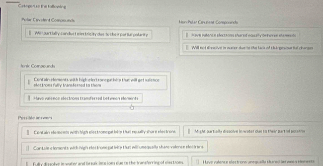 Categorize the following
Polar Covalent Compounds Non Polar Covalent Compounds
— Will partially conduct electricity due to their partial polarity — Have valence electrons shared equally between elemente
| Will not dissolve in water due to the lack of charges/partial charge
Ionic Compounds
Contain elements with high electronegativity that will get valence
electrons fully transferred to them
Have valence electrons transferred between elements
Possible answers
Contain elements with high electronegativity that equally share electrons Might partially dissolve in water due to their partial polarity
Contain elements with high electronegativity that will unequally share valence electrons
Fully dissolve in water and break into ions due to the transferring of electrons. Have valence electrons unequally shared between elements