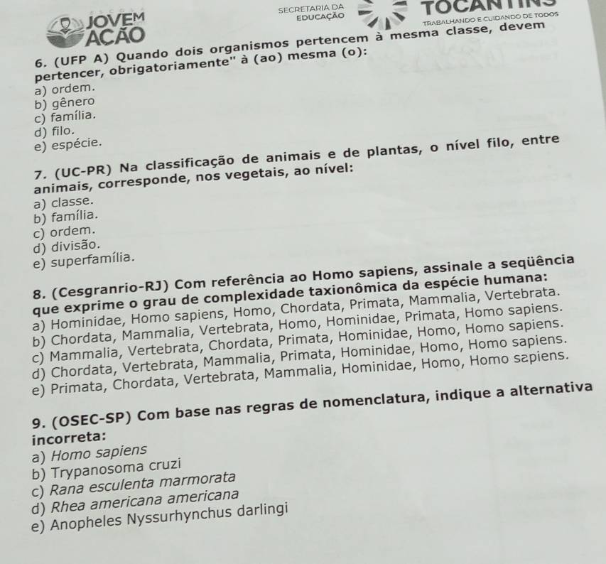 JOVEM SECRETARIA DA TOCANTIN
TRABALHANDO E CUIDANDO DE TODOS
ACÃO EDUCação
6. (UFP A) Quando dois organismos pertencem à mesma classe, devem
pertencer, obrigatoriamente'' à (ao) mesma (o):
a) ordem.
b) gênero
c) família.
d) filo.
e) espécie.
7. (UC-PR) Na classificação de animais e de plantas, o nível filo, entre
animais, corresponde, nos vegetais, ao nível:
a) classe.
b) família.
c) ordem.
d) divisão.
e) superfamília.
8. (Cesgranrio-RJ) Com referência ao Homo sapiens, assinale a seqüência
que exprime o grau de complexidade taxionômica da espécie humana:
a) Hominidae, Homo sapiens, Homo, Chordata, Primata, Mammalia, Vertebrata.
b) Chordata, Mammalia, Vertebrata, Homo, Hominidae, Primata, Homo sapiens.
c) Mammalia, Vertebrata, Chordata, Primata, Hominidae, Homo, Homo sapiens.
d) Chordata, Vertebrata, Mammalia, Primata, Hominidae, Homo, Homo sapiens.
e) Primata, Chordata, Vertebrata, Mammalia, Hominidae, Homo, Homo sapiens.
9. (OSEC-SP) Com base nas regras de nomenclatura, indique a alternativa
incorreta:
a) Homo sapiens
b) Trypanosoma cruzi
c) Rana esculenta marmorata
d) Rhea americana americana
e) Anopheles Nyssurhynchus darlingi