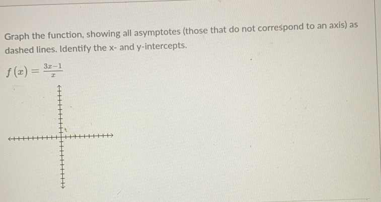 Graph the function, showing all asymptotes (those that do not correspond to an axis) as
dashed lines. Identify the x- and y-intercepts.
f(x)= (3x-1)/x 