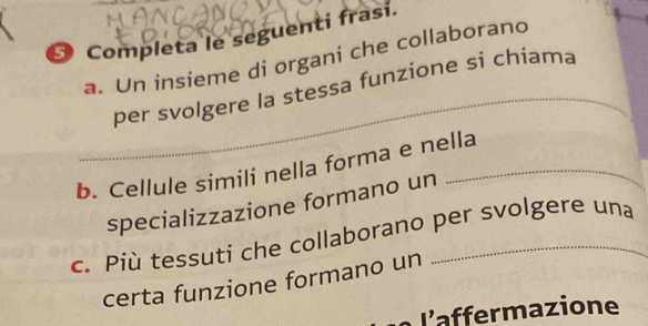 Completa le seguentí frasí. 
a. Un insieme di organi che collaborano 
_ 
per svolgere la stessa funzione si chiama 
b. Cellule simili nella forma e nella 
specializzazione formano un 
c. Più tessutí che collaborano per svolgere una 
certa funzione formano un 
affermazione