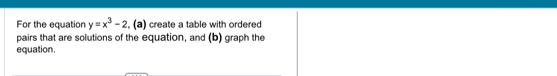 For the equation y=x^3-2 , (a) create a table with ordered 
pairs that are solutions of the equation, and (b) graph the 
equation.