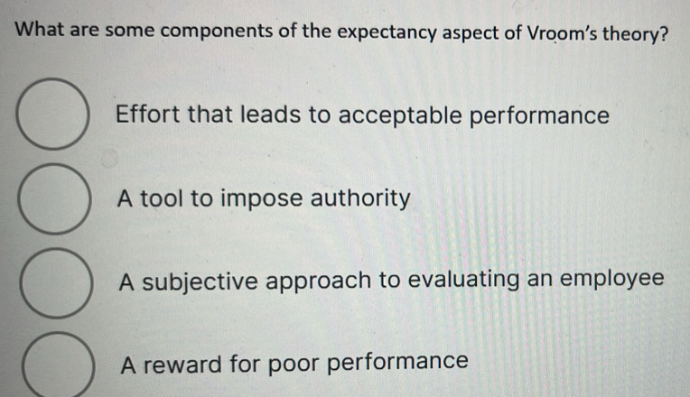 What are some components of the expectancy aspect of Vroom's theory?
Effort that leads to acceptable performance
A tool to impose authority
A subjective approach to evaluating an employee
A reward for poor performance