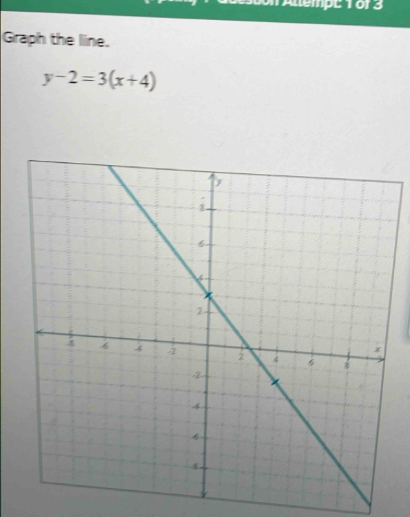 ton Altempt 16r 3 
Graph the line.
y-2=3(x+4)