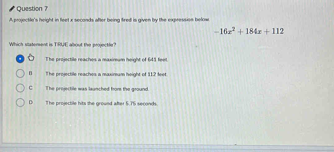 Solved: A projectile's height in feet x seconds after being fired is ...