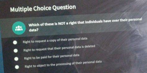 Question
Which of these is NOT a right that individuals have over their personal
data?
Right to request a copy of their personal data
Right to request that their personal data is deleted
Right to be paid for their personal data
Right to object to the processing of their personal data